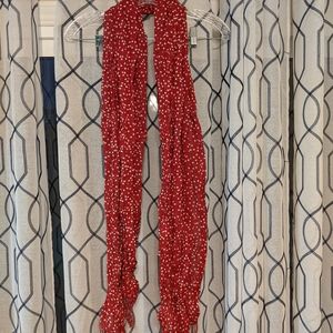 Red and white polka dot scarf with fringe